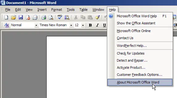Word 2003 and before: click Help, then click About