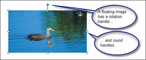 In Word 2003 and earlier versions, you can detect a floating image by (a) the rotation handle and (b) the round handles.