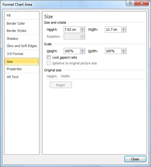 In Excel, the Format > Object has a Size tab. On the Size tab are boxes that let you set the Height and Width of your chart.