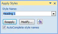 The Apply Styles pane in Word 2007. The bar at the top of the pane is yellow, indicating that it is active. The contents of the Style Name box are selected.