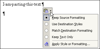 You see the Paste Options button in Word 2002 and 2003 if you have ticked 'Show Paste Options buttons'