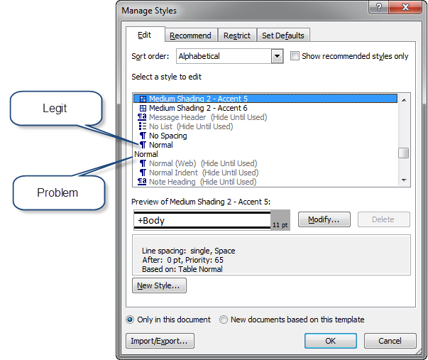 Two styles named 'Normal' showing in the Manage Styles dialog