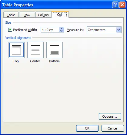 Cell tab of the Table Properties dialog