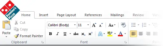 A tricked up fake screen shot purporting to be Microsoft Word, showing a Dominos Pizza logo in place of the Word 2010 File button