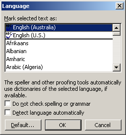 Word language dialog box. You can't delete US English, but make sure you have selected the language you want.
