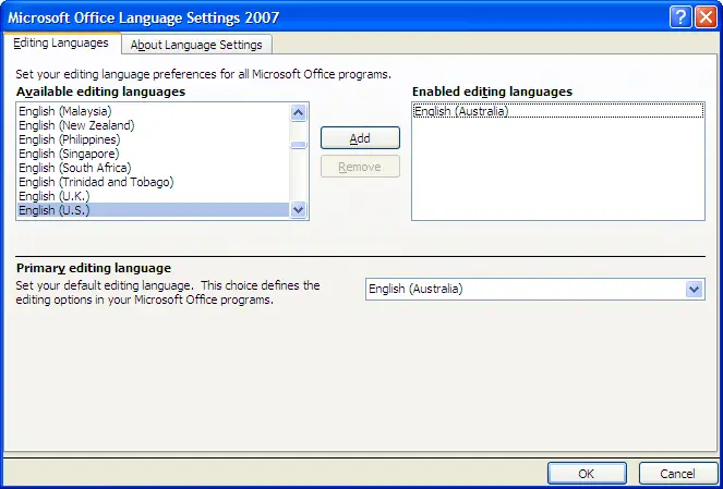 Word 2007 Language settings dialog