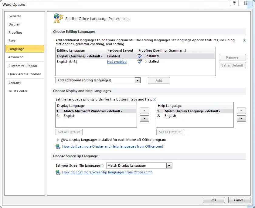 Word 2010 Language settings dialog