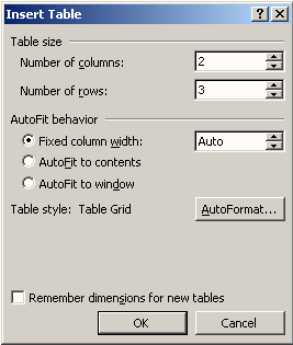Insert Table dialog box