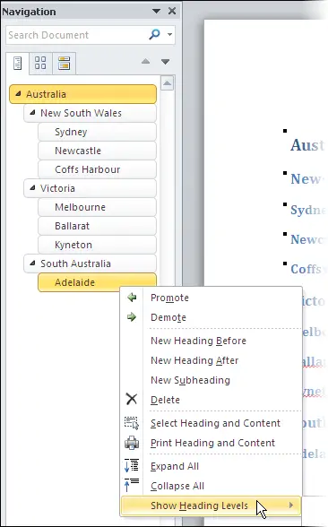 how to see navigation pane in word 2010