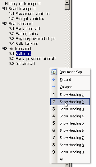 Right-click within the Document Map and choose your heading levels