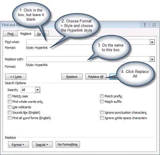 Use the Replace dialog to find and replace instances of the Hyperlink style