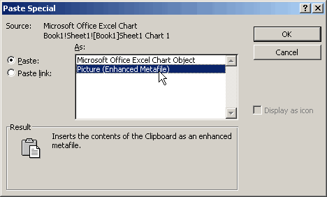 In the Edit > Paste Special dialog, choose to paste as a Picture (Enhanced Metafile). If you need to link the picture, click Paste Link.