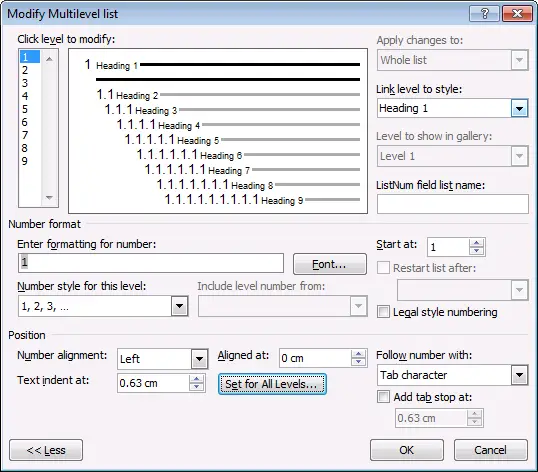 The Modify Multilevel List dialog when it's finished