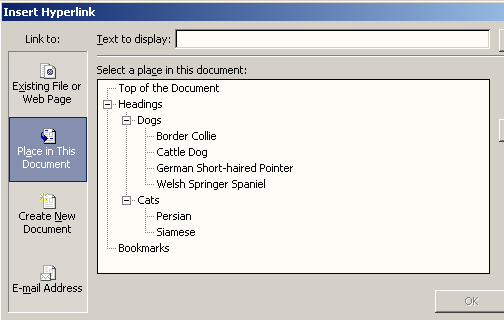 The Insert Hyperlink dialog box. Note that there are no options for creating hyperlinks to custom styles.