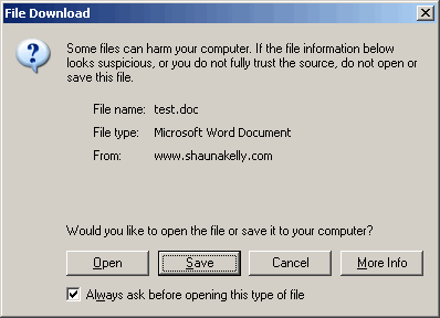 Dialog to ask you whether you want to open or save the file